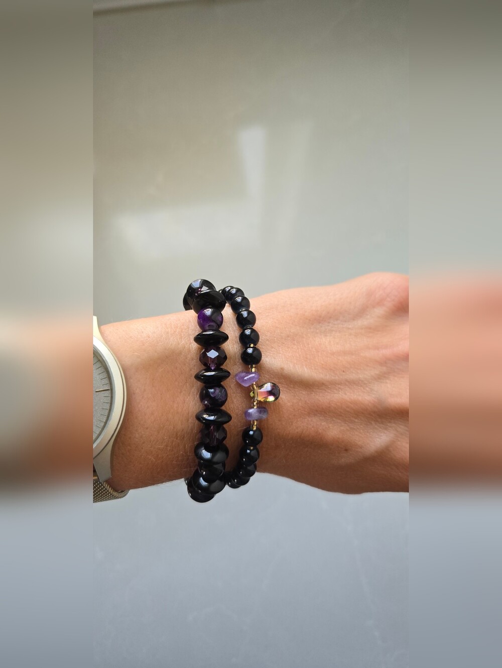 Handmade Elegant Black and Purple Glass And Stone Beaded Stretch Bracelet Set